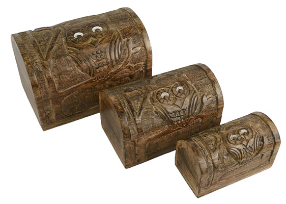 Mango Wood Ollie Owl Design Domed Set Of 3 Boxes - Click Image to Close